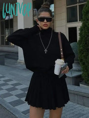 Lunivop Folds Skirt Sets For Women Turtleneck Autumn Winter Knitted Pullover Femme Mini Skirts 2