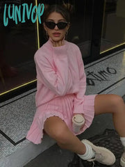Lunivop Folds Skirt Sets For Women Turtleneck Autumn Winter Knitted Pullover Femme Mini Skirts 2