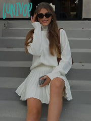 Lunivop Folds Skirt Sets For Women Turtleneck Autumn Winter Knitted Pullover Femme Mini Skirts 2