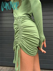 Lunivop Folds Slim Dress For Women Long Sleeve High Waist Bodycon Dresses Women’s Sexy Street