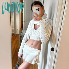 Lunivop Folds Splice Mini Skirt For Women Solid Buttons Asymmetrical High Waist Pleated Ladies 2024