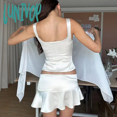 Lunivop Folds Splice Mini Skirt For Women Solid Buttons Asymmetrical High Waist Pleated Ladies 2024