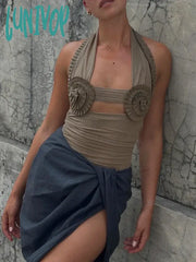 Lunivop Folds Sunflower Tank Top Women Mesh Bodycon Sleeveless Slim Crop Tops Ladies Club Party