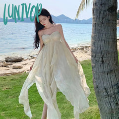 Lunivop France Fashion Irregular Beach Strap Mid-Length Dress Female Elegant Chiffon Fairy Party