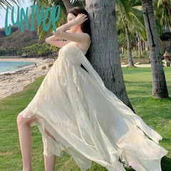 Lunivop France Fashion Irregular Beach Strap Mid-Length Dress Female Elegant Chiffon Fairy Party