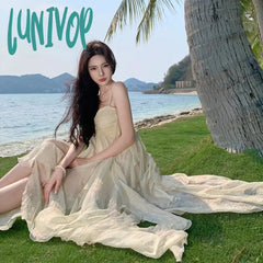 Lunivop France Fashion Irregular Beach Strap Mid-Length Dress Female Elegant Chiffon Fairy Party