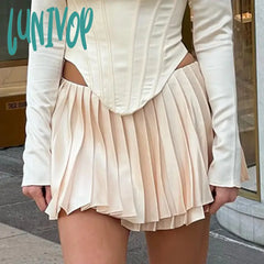 Lunivop France Satin Pleated Skirt For Women Solid Loose High Waist Mini Skirts Female Street