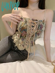 Lunivop France Vintage Print Sleeveless Tops Women Lace Elegant Party Princess Strap Top Female