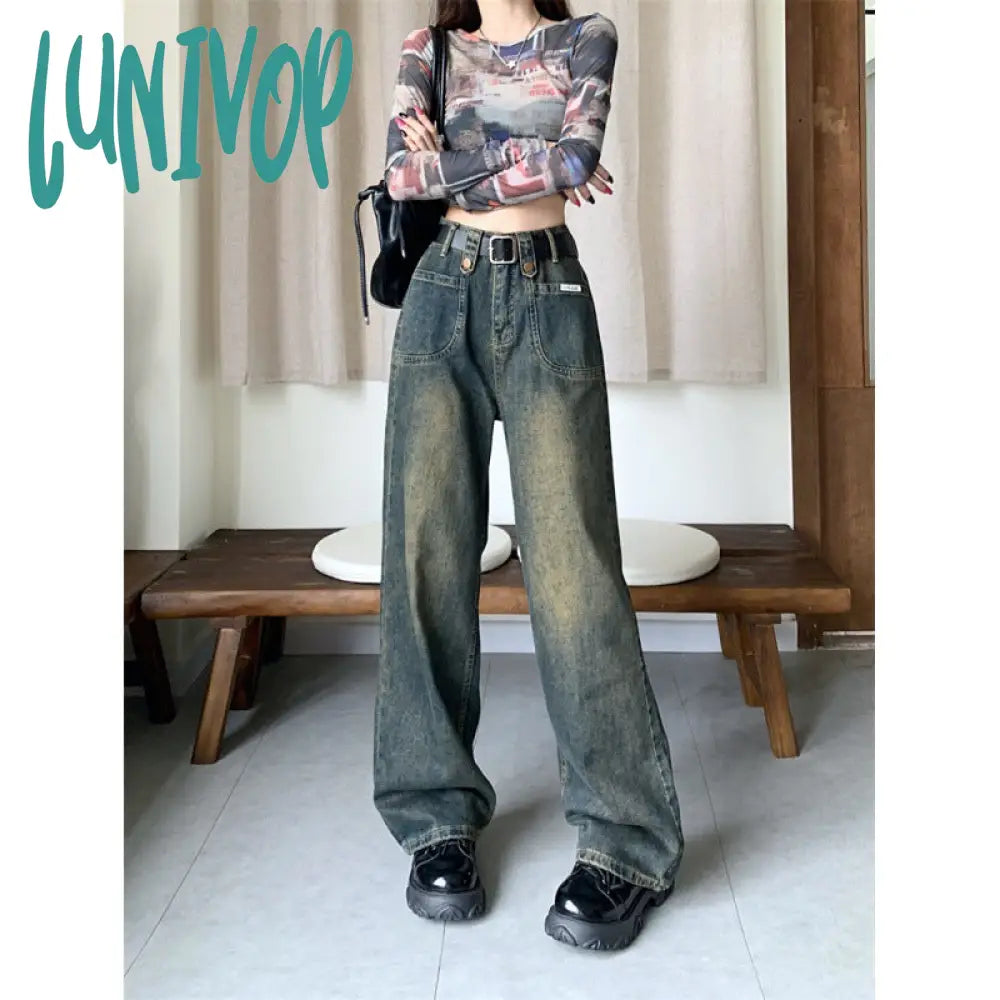 frat boy outfits Autumn New plus Size High Waist Straight Slimming Versatile Draping Fashion Narrow Denim Wide Leg Pants