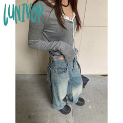 frat boy outfits Yuyi New 2024 Autumn Personalized Pleated Stand Cut Design Jeans Women's Loose Tie-Dyed Wide-Leg Pants 8043