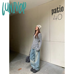 frat boy outfits Yuyi New 2024 Autumn Personalized Pleated Stand Cut Design Jeans Women's Loose Tie-Dyed Wide-Leg Pants 8043
