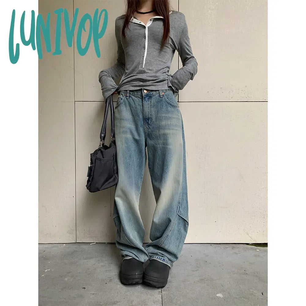frat boy outfits Yuyi New 2024 Autumn Personalized Pleated Stand Cut Design Jeans Women's Loose Tie-Dyed Wide-Leg Pants 8043