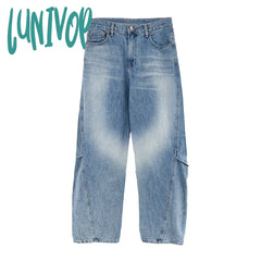 frat boy outfits Yuyi New 2024 Autumn Personalized Pleated Stand Cut Design Jeans Women's Loose Tie-Dyed Wide-Leg Pants 8043