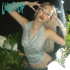 frat outfits Sexy Nightclub Style New Women's Clothing Solid Color Bright Silk Reflective Backless Lace-up Tied Waist Halter Strap Wrapped Chest for Women