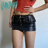 frat outfits Sexy Street Fashion Hot Girl Belt Japanese Buckle Leather Stitching Solid Color Short Mini Skirt
