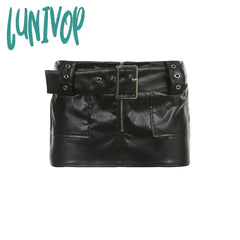 frat outfits Sexy Street Fashion Hot Girl Belt Japanese Buckle Leather Stitching Solid Color Short Mini Skirt