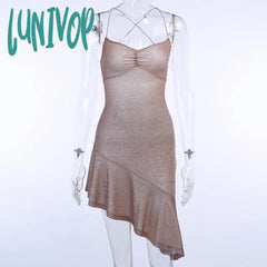 frat outfits Slip-on Shiny Backless Lace-up Dress Oblique Evening Dress Women's Summer Slim-Fit Nightclub Bottoming Hip Skirt Fashion