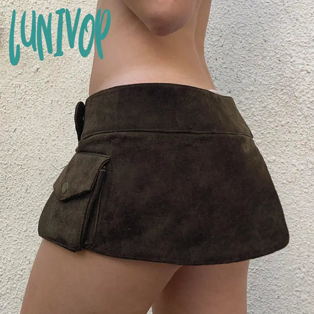 frat outfits Wilderness Western Style Suede Rivet One-Piece Mini Skirt Ethnic Niche Pocket Stitching Low Waist Sheath Skirt