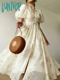Lunivop French Elegant Floral Dress Women Summer Short Sleeve Even Party Midi Beach Chiffon Casual