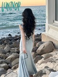 Lunivop French Elegant Sleeveless Midi Dress Office Lady Summer Slim Bodycon Pure Color Party