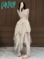 Lunivop French Elegant Women’s Vintage Dress Autumn Winter New Irregular Lace Splicing Evening