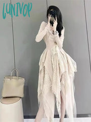 Lunivop French Elegant Women’s Vintage Dress Autumn Winter New Irregular Lace Splicing Evening