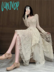 Lunivop French Elegant Women’s Vintage Dress Autumn Winter New Irregular Lace Splicing Evening