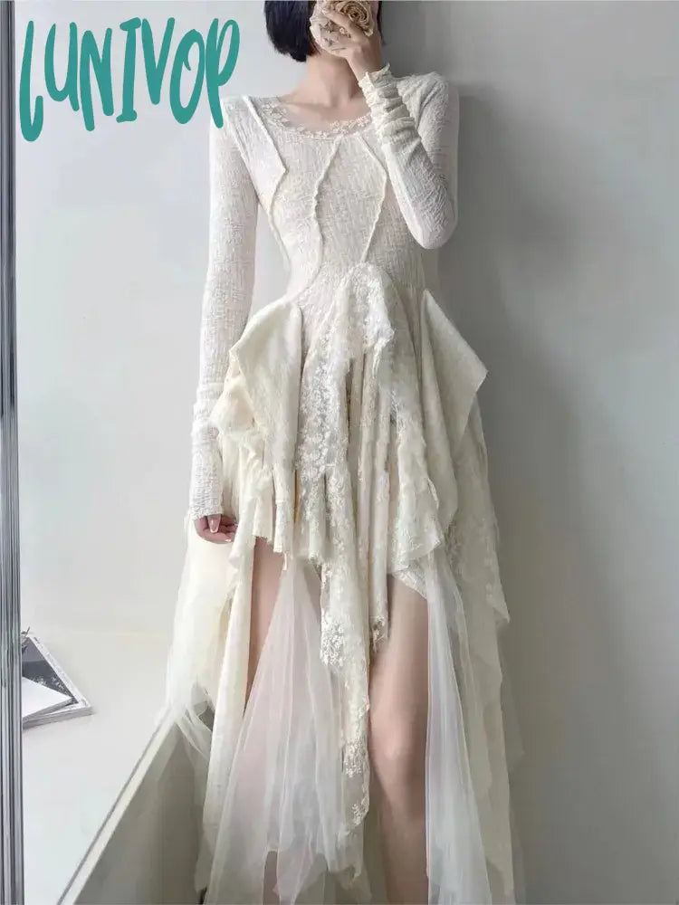 Lunivop French Elegant Women’s Vintage Dress Autumn Winter New Irregular Lace Splicing Evening