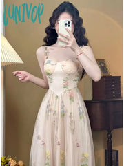 Lunivop French Holiday Dresses Spaghetti Strap Elegant Summer Dress Sleeveless Vintage Chic