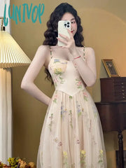 Lunivop French Holiday Dresses Spaghetti Strap Elegant Summer Dress Sleeveless Vintage Chic