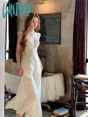 Lunivop French Retro Midi Dress Women Even Party 2000S Vintage Clothing Elegant V-Neck Y2K Korean