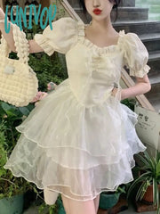 Lunivop French Short Party Dress Women Puff Sleeve Elegant Vintage Mini Female Autumn Casual Kawaii