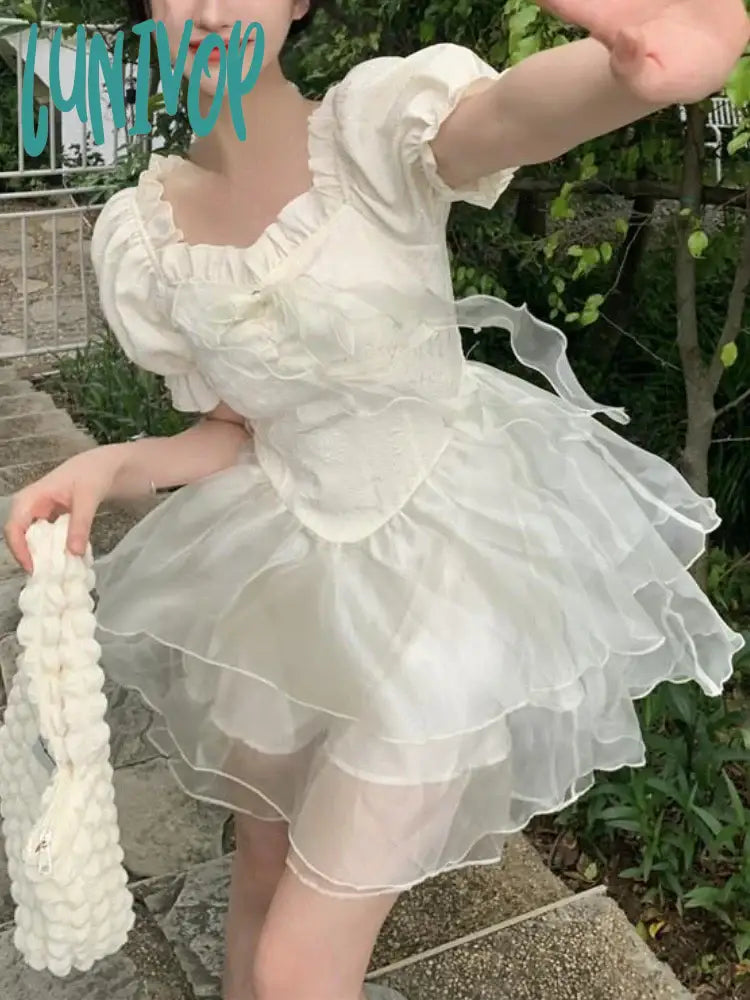 Lunivop French Short Party Dress Women Puff Sleeve Elegant Vintage Mini Female Autumn Casual Kawaii
