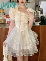 Lunivop French Short Party Dress Women Puff Sleeve Elegant Vintage Mini Female Autumn Casual Kawaii