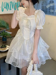 Lunivop French Short Party Dress Women Puff Sleeve Elegant Vintage Mini Female Autumn Casual Kawaii