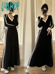 Lunivop French Striped V-Neck Long-Sleeved Dress Women Fall Clothes Vintage Robe Casual Loose