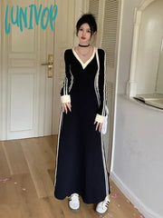 Lunivop French Striped V-Neck Long-Sleeved Dress Women Fall Clothes Vintage Robe Casual Loose