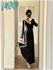 Lunivop French Striped V-Neck Long-Sleeved Dress Women Fall Clothes Vintage Robe Casual Loose
