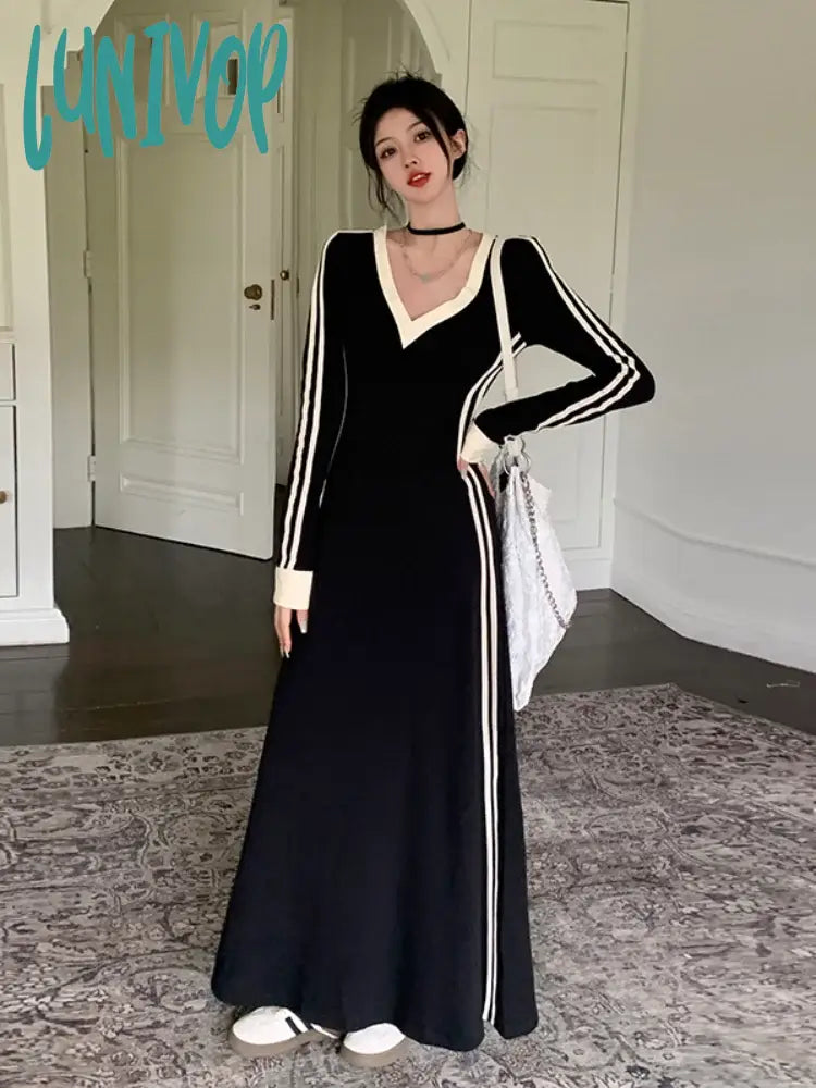 Lunivop French Striped V-Neck Long-Sleeved Dress Women Fall Clothes Vintage Robe Casual Loose