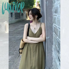 Lunivop French Style Green Suspender Dress For Women Summer Loose Solid V-Necl Sleeveless Dresses