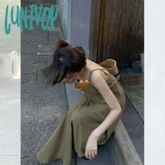 Lunivop French Style Green Suspender Dress For Women Summer Loose Solid V-Necl Sleeveless Dresses