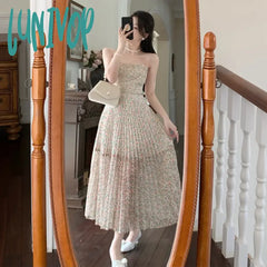 Lunivop French Style Summer Vintage Floral Pleated Dress Women Spaghetti Strap High Waist Beach
