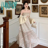 Lunivop French Style Summer Vintage Floral Pleated Dress Women Spaghetti Strap High Waist Beach