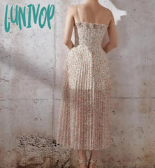 Lunivop French Style Summer Vintage Floral Pleated Dress Women Spaghetti Strap High Waist Beach