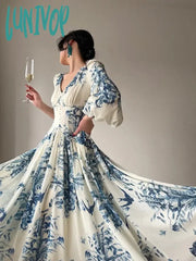 Lunivop French Summer Midi Fashion Floral Beading High Waist A Line Party Dresses Women Vintage