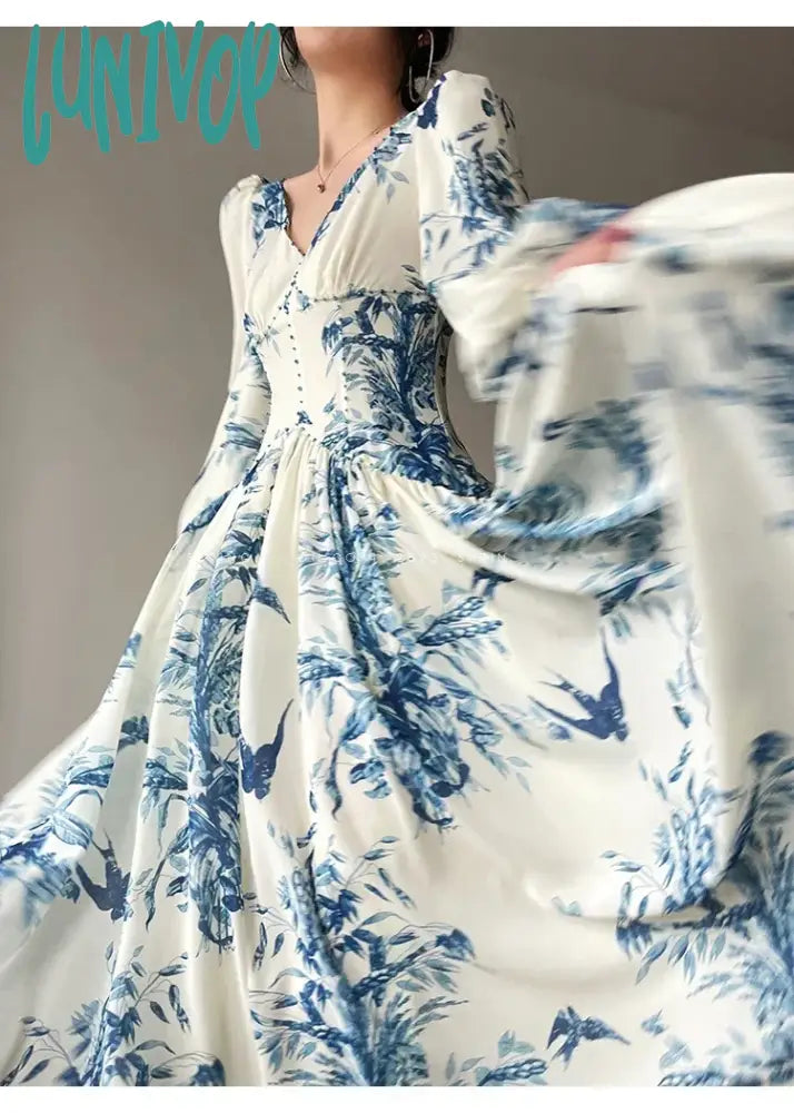 Lunivop French Summer Midi Fashion Floral Beading High Waist A Line Party Dresses Women Vintage