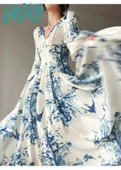 Lunivop French Summer Midi Fashion Floral Beading High Waist A Line Party Dresses Women Vintage