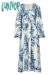 Lunivop French Summer Midi Fashion Floral Beading High Waist A Line Party Dresses Women Vintage