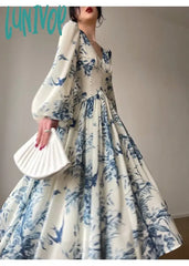 Lunivop French Summer Midi Fashion Floral Beading High Waist A Line Party Dresses Women Vintage