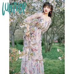 Lunivop French Sweet Women Fresh Chiffon Mesh Floral Dress Summer Seaside Resort Beach Bohemian
